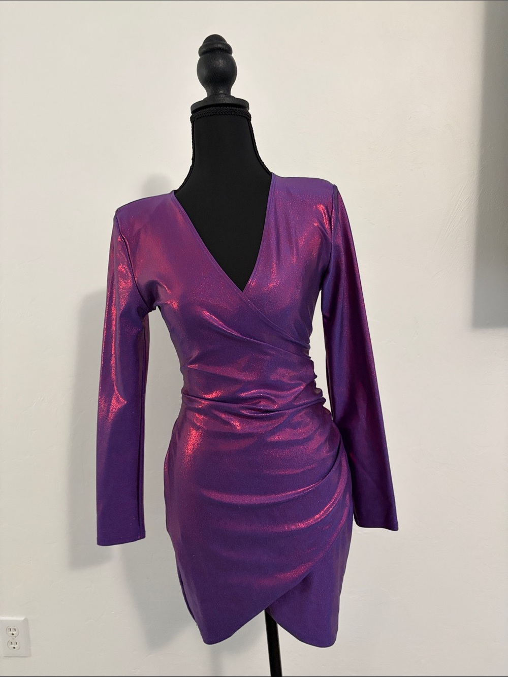 Fashion Nova Purple Metallic Wrap Long Sleeve Mini Dress
